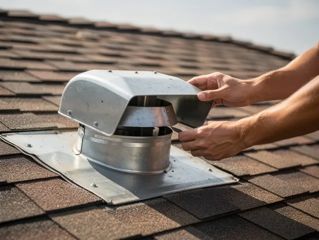 Wrentham Dryer Vent Cleaning certified technician safely cleaning a roof-mounted dryer vent in Wrentham