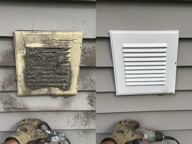 Wrentham Dryer Vent Cleaning technician installing high-quality dryer vent cover at a residential property in Wrentham