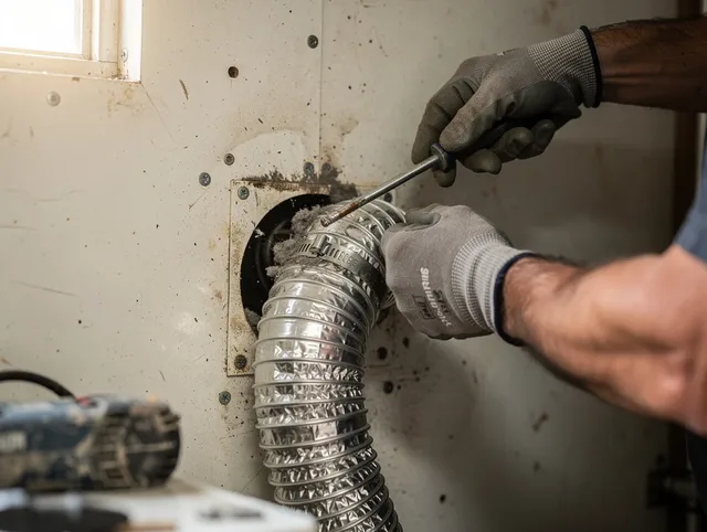 Wrentham Dryer Vent Cleaning technician performing precise dryer vent hose installation in Wrentham